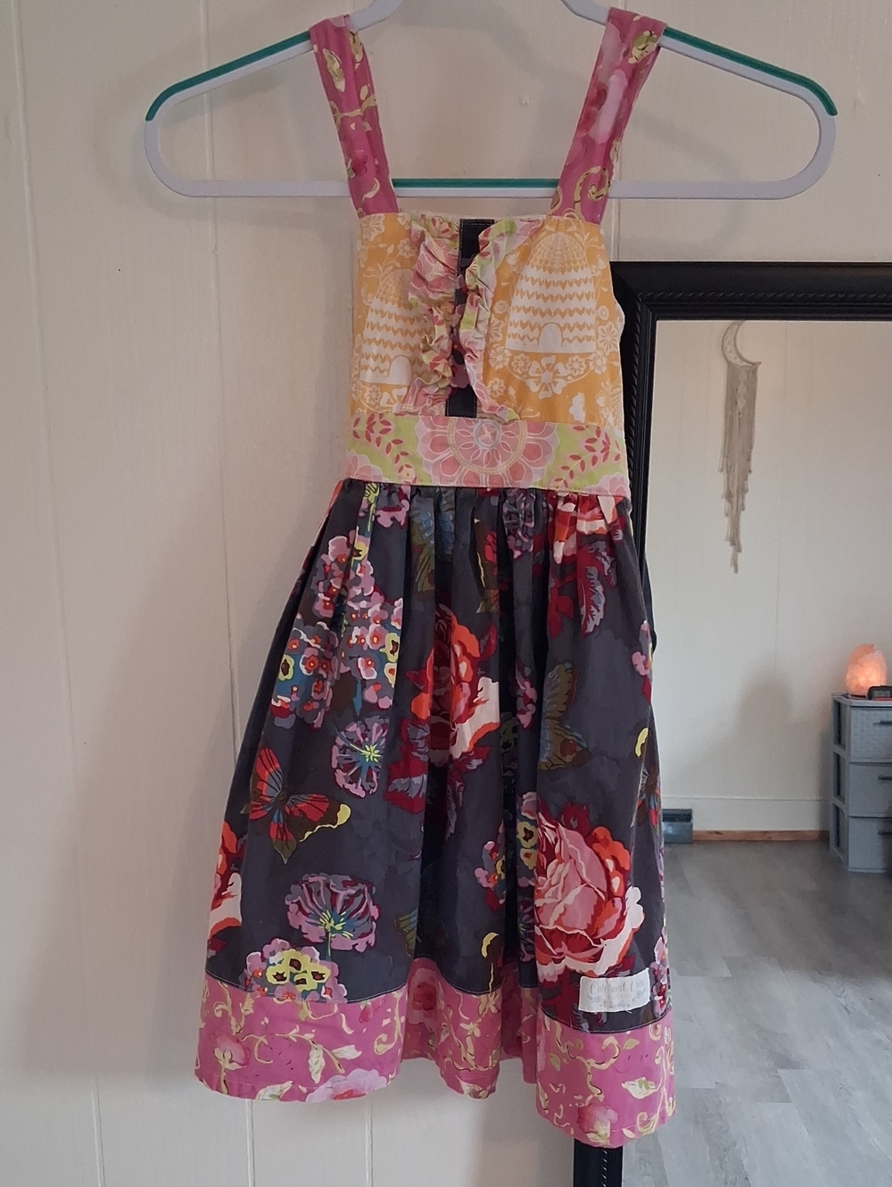 Girls Floral Patchwork Sundress in Pink, Yellow & Charcoal with Ruffled Bodice